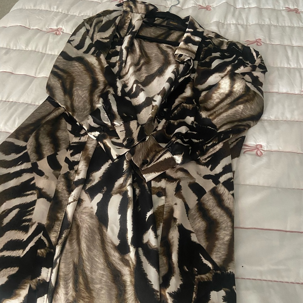 Long Button Down Satin Animal Print Dress